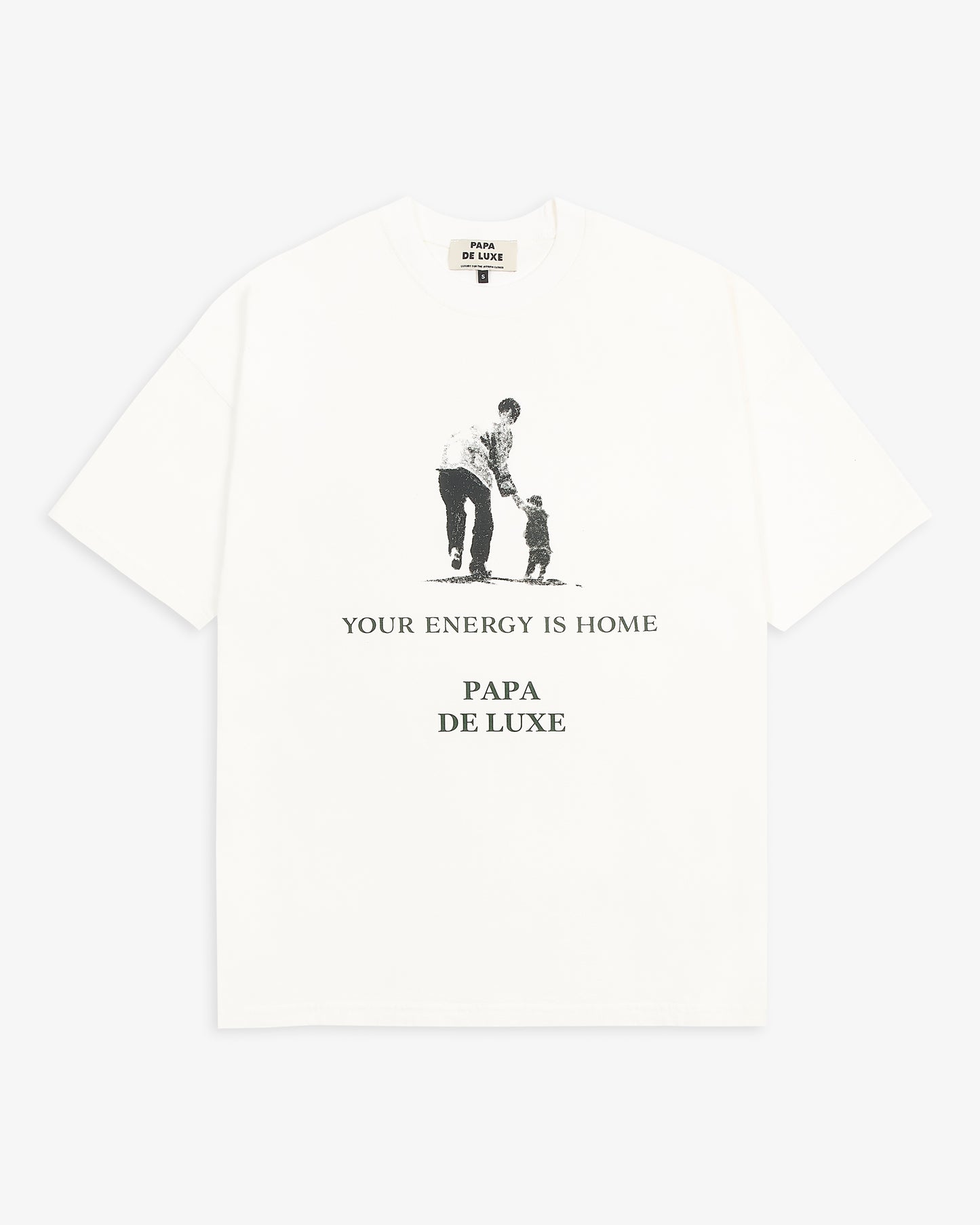 Papa De Luxe 'Your Energy Is Home' T-shirt flat lay white single-jersey cotton tee with father and child graphic print