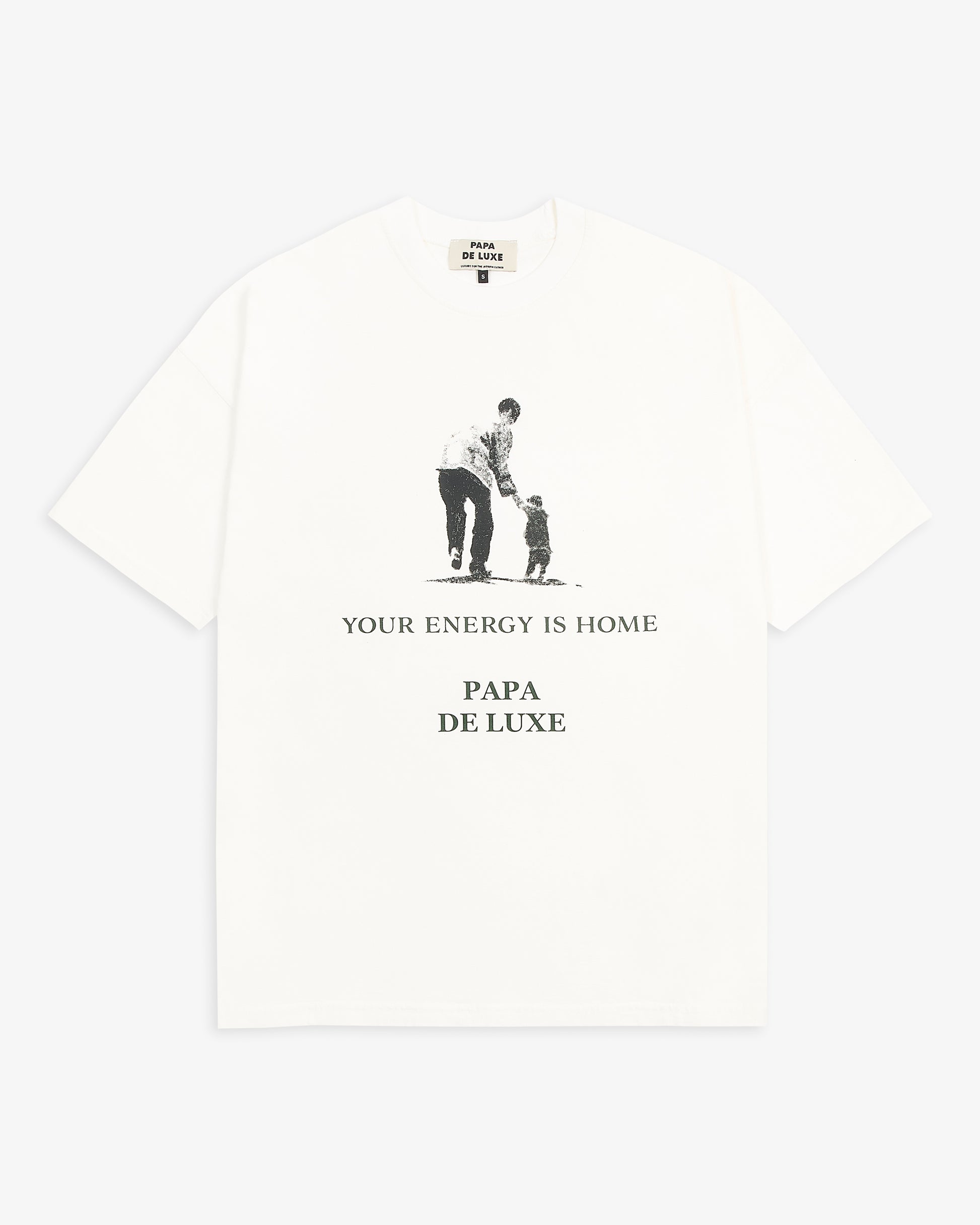 Papa De Luxe 'Your Energy Is Home' T-shirt flat lay white single-jersey cotton tee with father and child graphic print