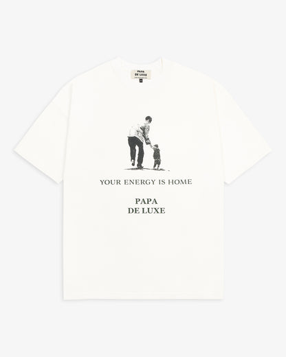 Papa De Luxe 'Your Energy Is Home' T-shirt flat lay white single-jersey cotton tee with father and child graphic print