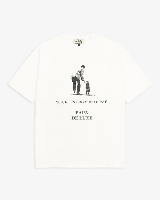 Papa De Luxe 'Your Energy Is Home' T-shirt flat lay white single-jersey cotton tee with father and child graphic print