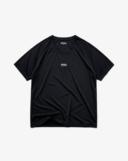 Black t-shirt with a logo on a white background