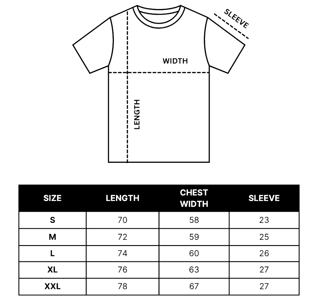 A size measurement chart for a short-sleeve T-shirt, showing a simple line drawing with labeled length, width, and sleeve measurements above a size table listing S through XXL.
