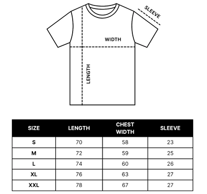 A size measurement chart for a short-sleeve T-shirt, showing a simple line drawing with labeled length, width, and sleeve measurements above a size table listing S through XXL.