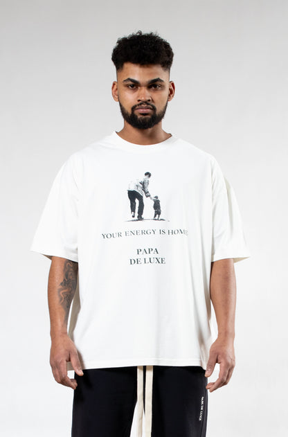 Close-up of Papa De Luxe 'Your Energy Is Home' T-shirt father and child graphic print detail on white cotton