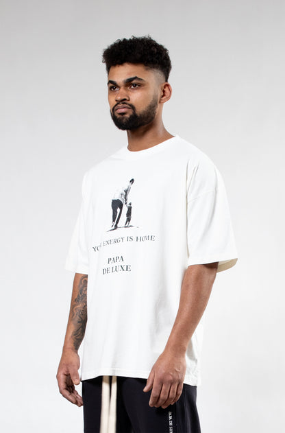 Papa De Luxe 'Your Energy Is Home' T-shirt side close-up refined neckline and single-jersey cotton fabric detail